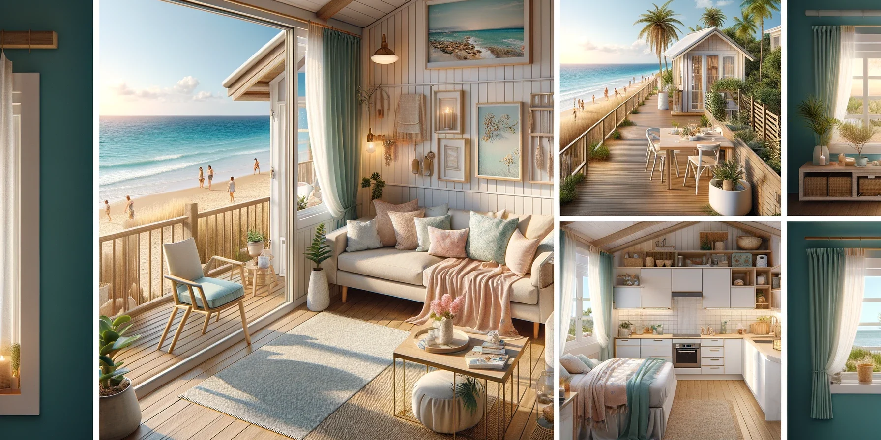 DALL·E 2024-12-16 10.20.27 – A cozy, fully furnished holiday cottage by the beach. The cottage has large windows offering breathtaking views of the ocean, a spacious wooden deck w Furnished Holiday Let